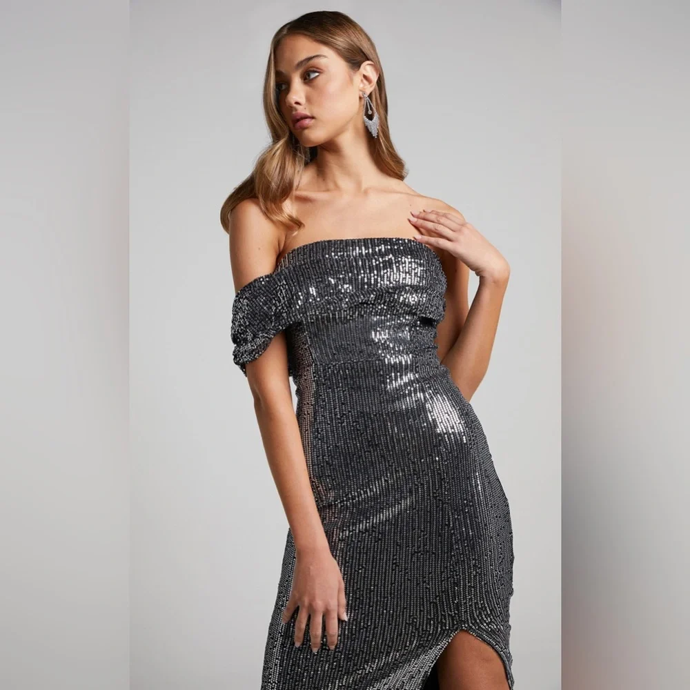 Showpo Joycee Midi Off Shoulder Thigh Split Sequin Dress in Gunmetal - Picture 1 of 6